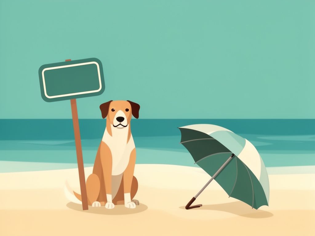 Ilustracion de un perro junto a un cartel de playa con una sombrilla