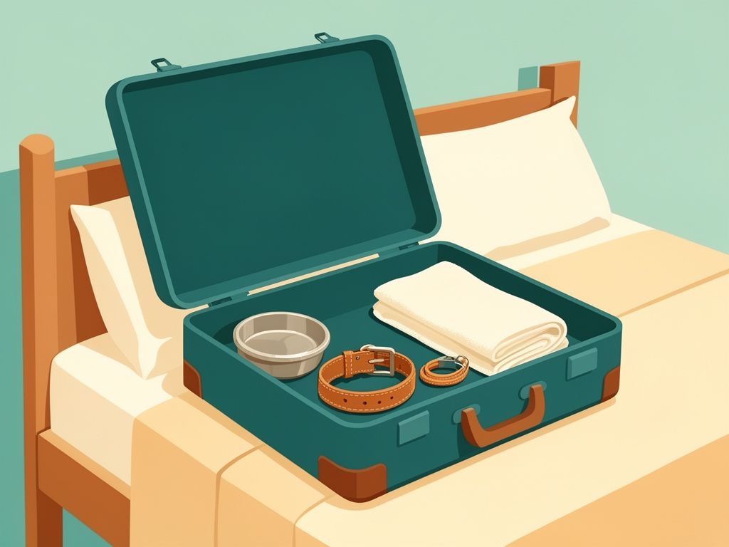 Ilustracion de una maleta abierta con cosas para viajar con perro
