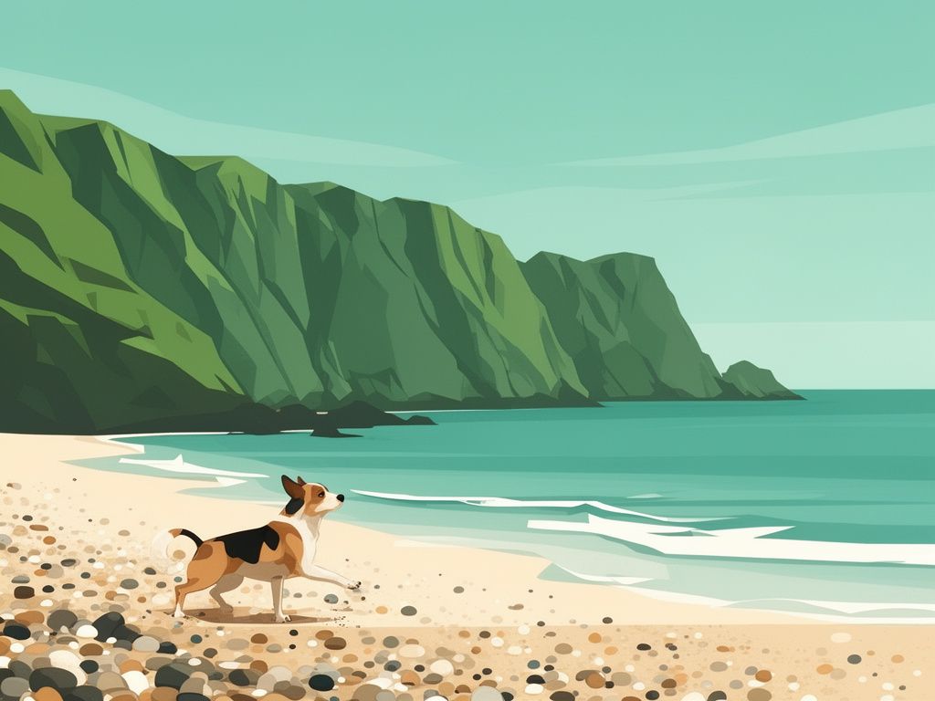 Ilustracion de un perro en una playa de cantos de Asturias con acantilados
