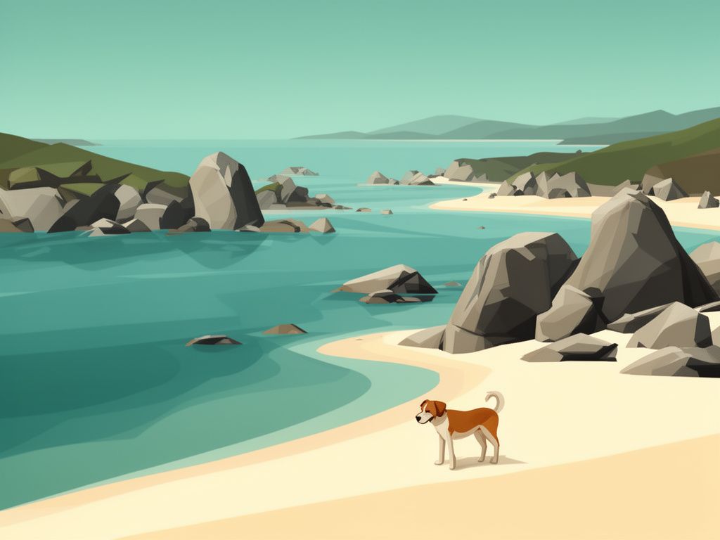 Ilustracion de un perro en una playa de Galicia con rocas de granito