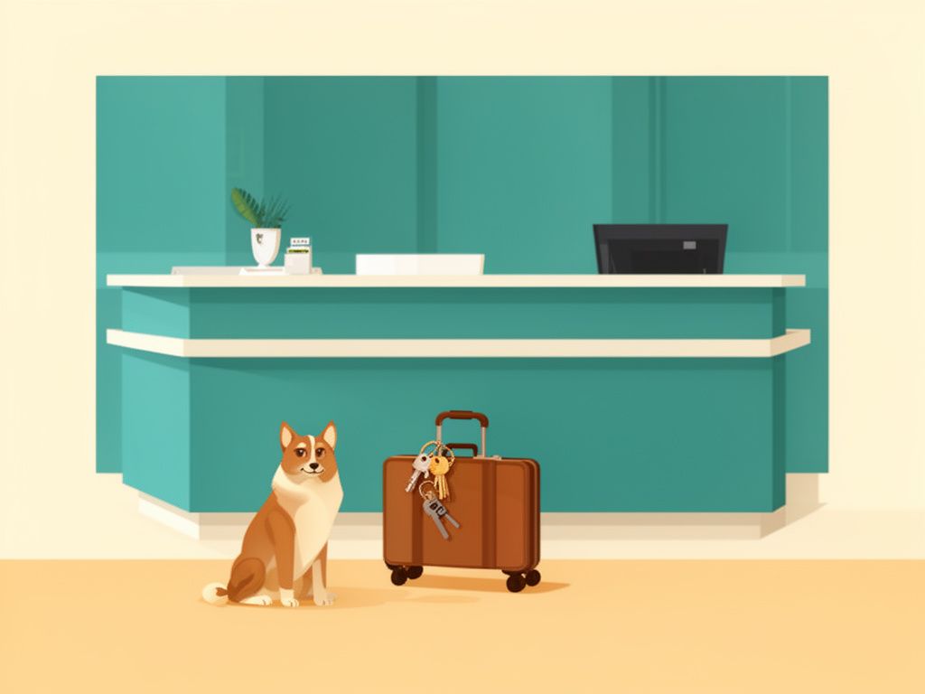 Ilustracion de un perro con maleta en la recepcion de un hotel