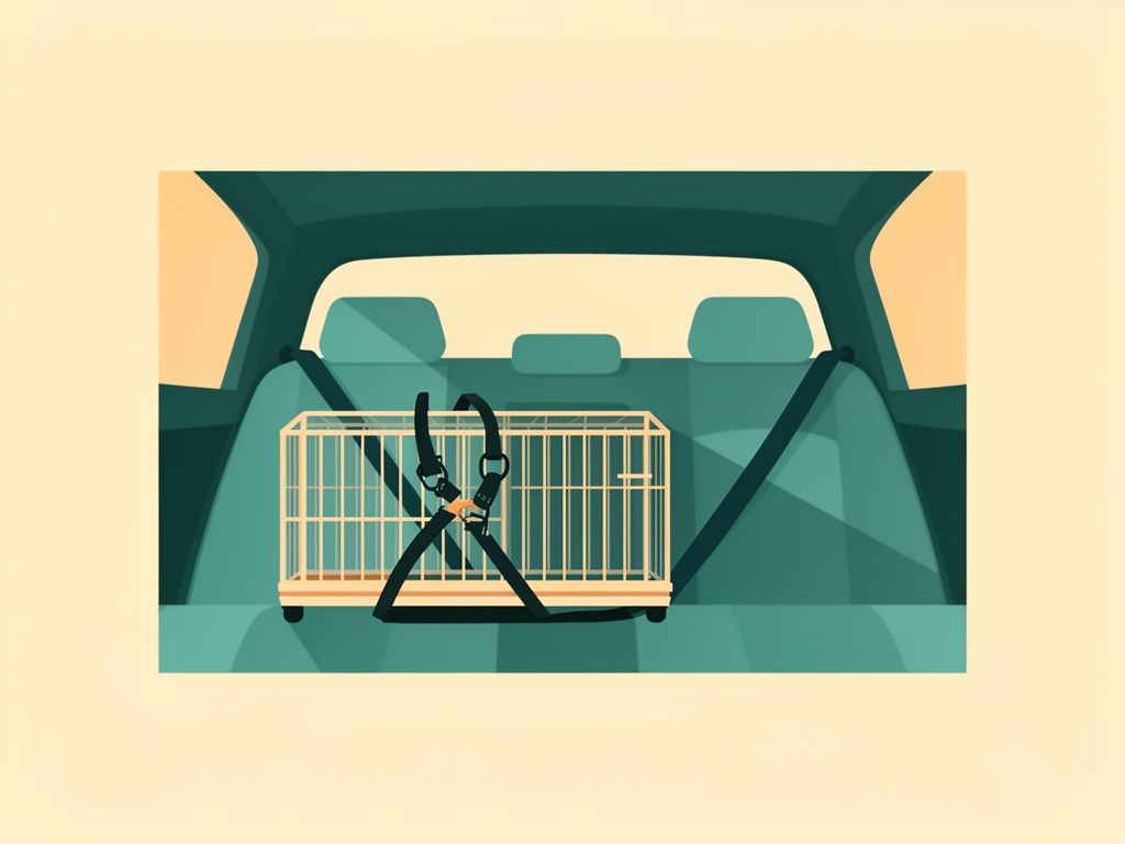 Ilustracion de un perro sujeto en el asiento trasero de un coche